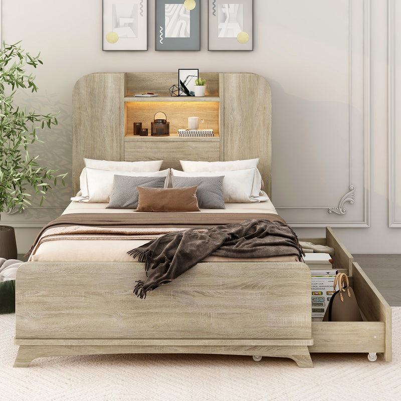 Twin Size Storage Platform Bed Frame with with Two Drawers and Light Strip Design in Headboard,Natural