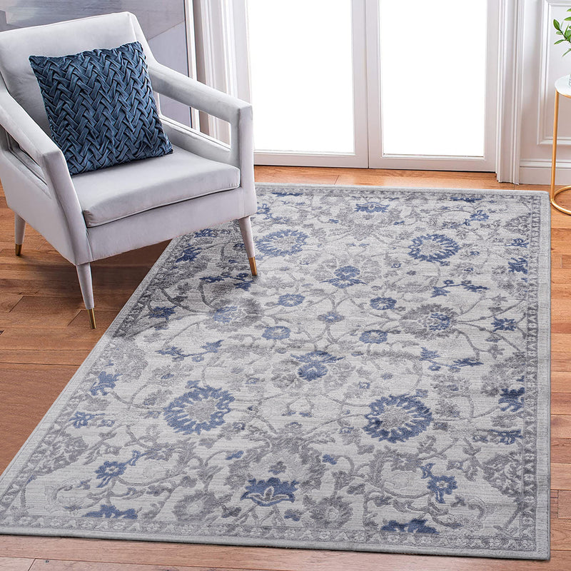 6' x 9' Oriental Non-Shedding Living Room Bedroom Dining Home Office Stylish And Stain Resistant Area Rug - Blue / Silver