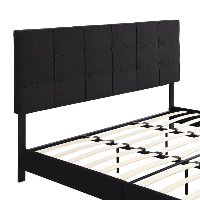 King Size Upholstered Platform Bed Frame With Button Tufted Linen Fabric Headboard, No Box Spring Needed, Wood Slat Support