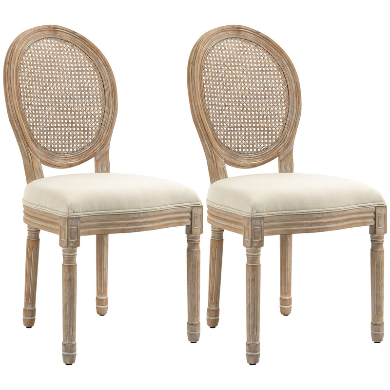 Homcom - French Style Upholstered Dining Chair Set, Armless Accent Side Chairs With Rattan Backrest And Linen-Touch Upholstery (Set of 2) - Cream White