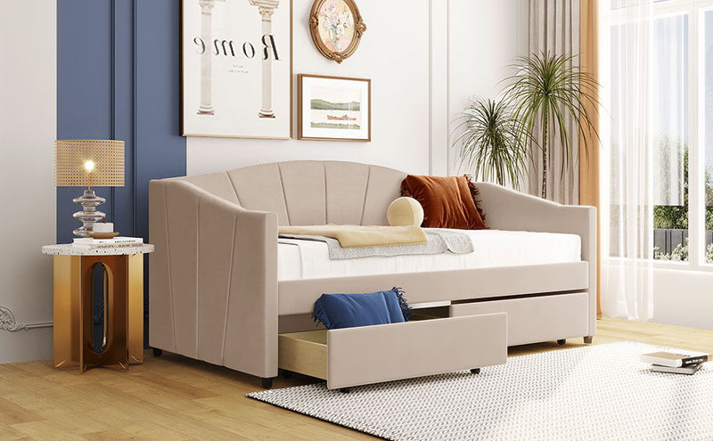 Twin Size Upholstered Daybed With Two Drawers And Wood Slat - Beige