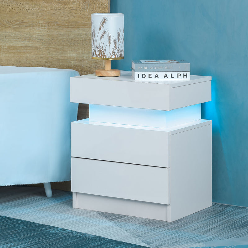 Nightstand With LED Lights Wood LED Bedside Table Nightstand With 2 High Gloss Drawers For Bedroom