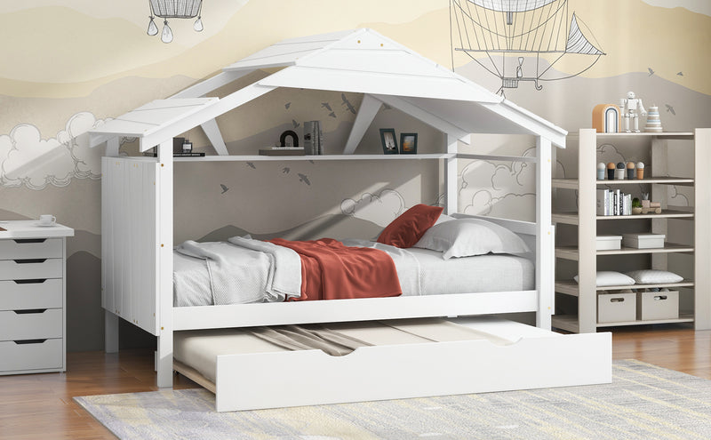 Wood Twin Size House Bed with Trundle and Storage, White