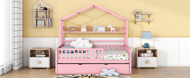 Wooden Full Size House Bed with Twin Size Trundle,Kids Bed with Shelf, Pink