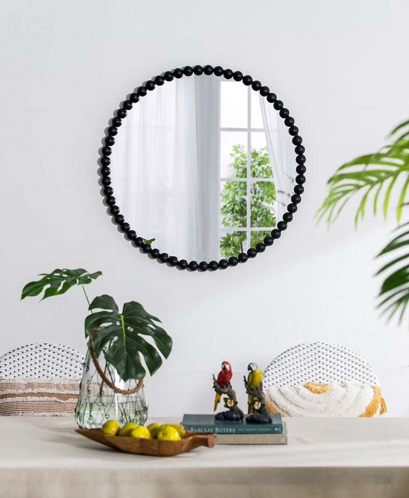 Circle Mirror With Metal Beaded Frame, Wall Mirror For Living Room Bedroom Entryway - Black