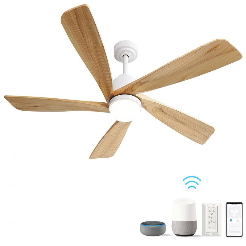 Indoor Ceiling Fan With Dimmable Led Light 5 Solid Wood Blades Remote Control Reversible Dc Motor With Smart App Control - White