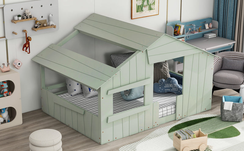 Wood Full Size House Bed with Roof, Window and Guardrail, Light Green