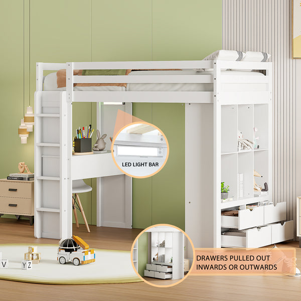 Twin Size Loft Bed with large shelves, writing desk and LED Light, White