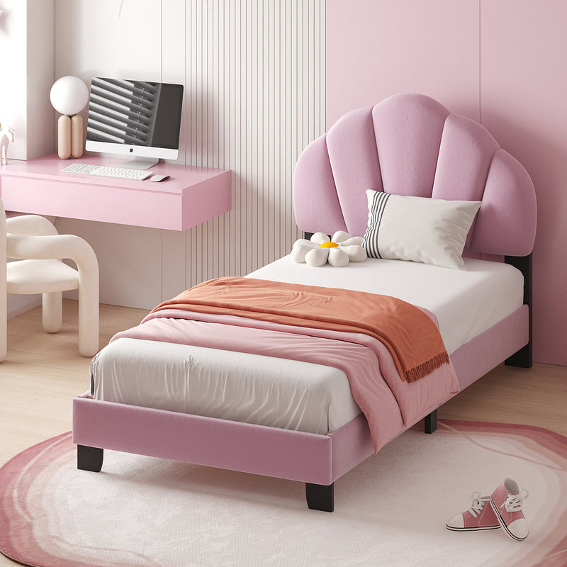 Twin Size Upholstered Velvet Platform Bed with Shell-Shaped Headboard, Pink