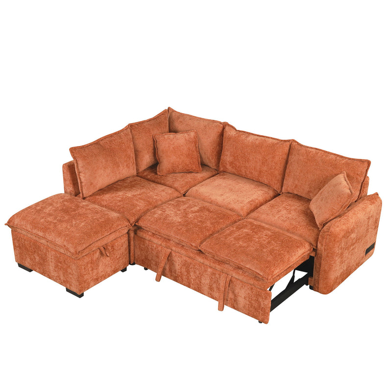 Convertible Sofa Bed Sectional Sofa Sleeper L-Shaped Sofa With A Storage Ottoman, Two Pillows, Two Power Sockets And Two USB Ports For Living Room