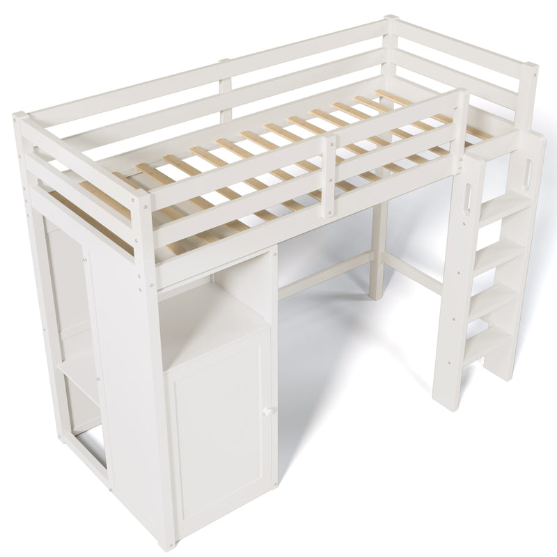 Twin Loft Bed with Wardrobe, Storage Shelves and Ladder, White