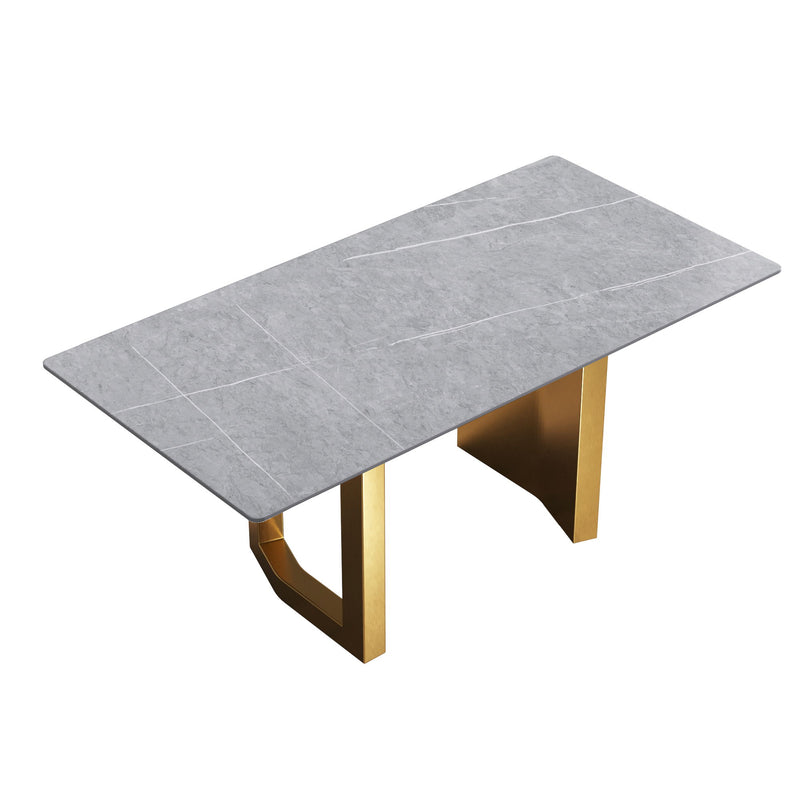 70.87" Modern Artificial Stone Gray Straight Edge Golden Metal Leg Dining Table - Gray / Gold