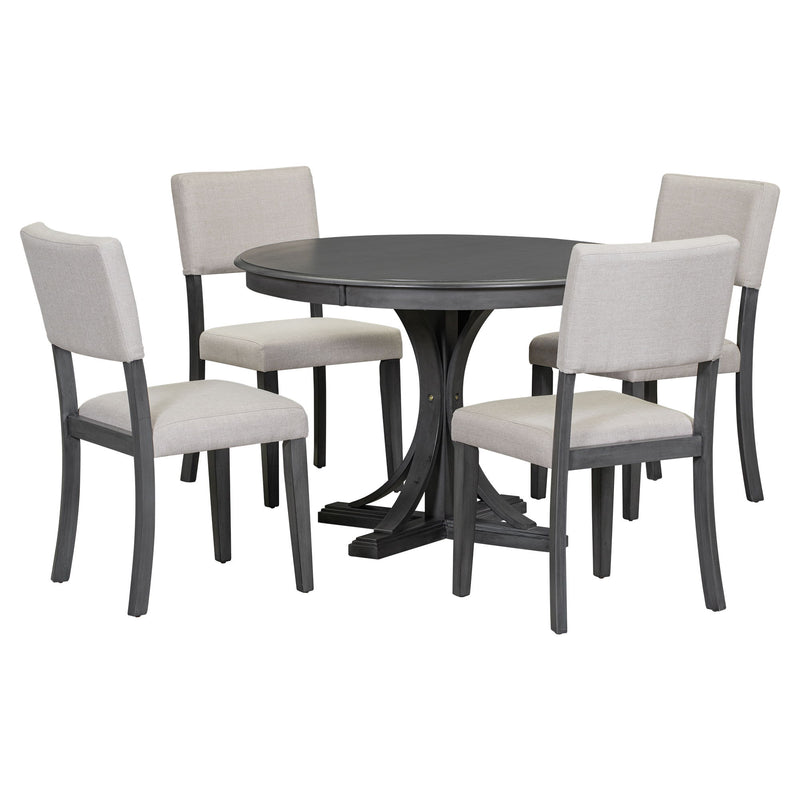 Retro Round Dining Table Set With Curved Trestle Style Table Legs And Upholstered Chairs For Dining Room