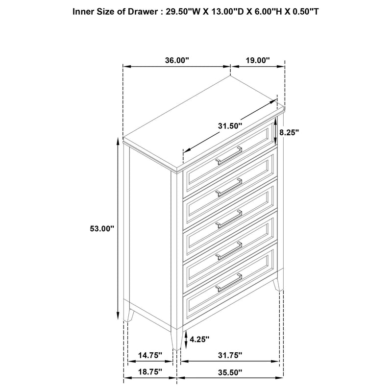 Marielle - 5 Drawer Bedroom Chest - Distressed White