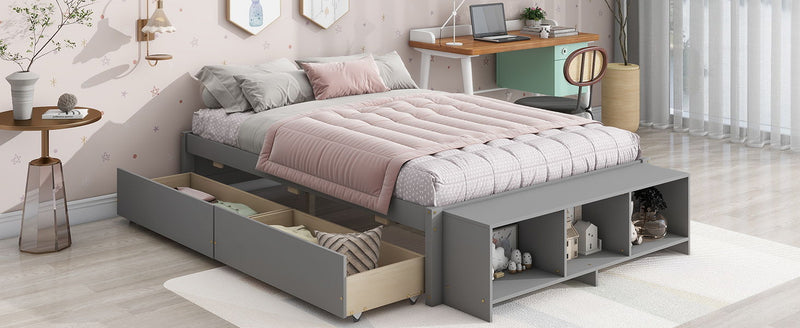 Full Size Bed With Storage Case, 2 Storage Drawers, Lengthwise Support Slat - Gray