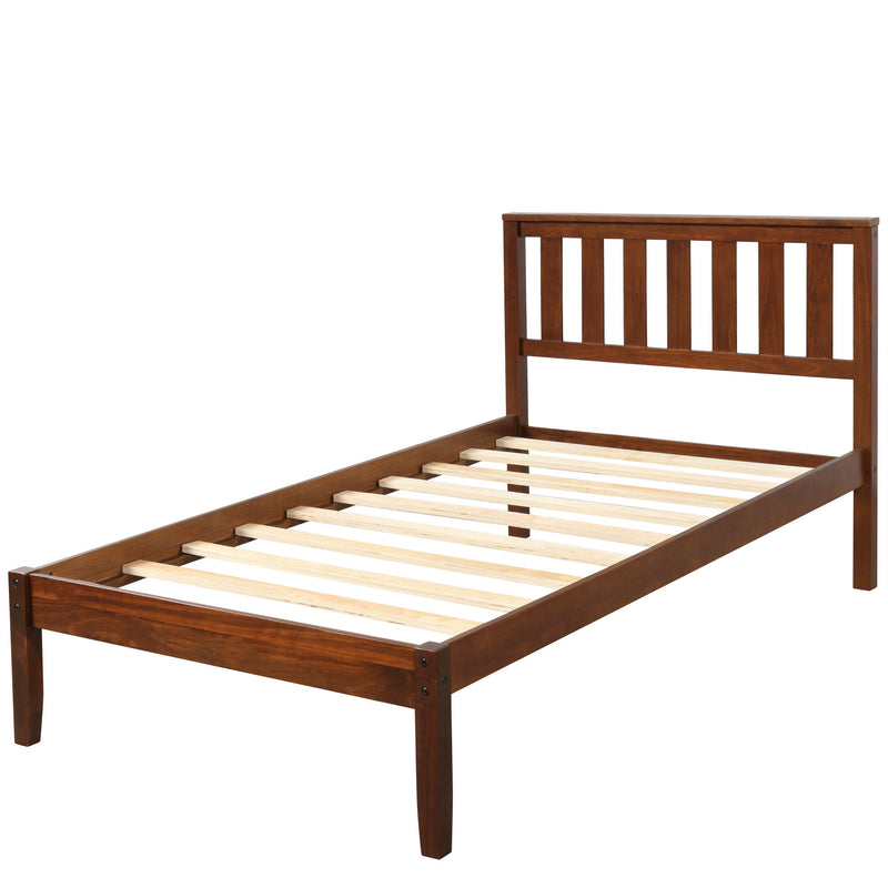 Twin Platform Bed With Headboard / Wood Slat Support - Walnut