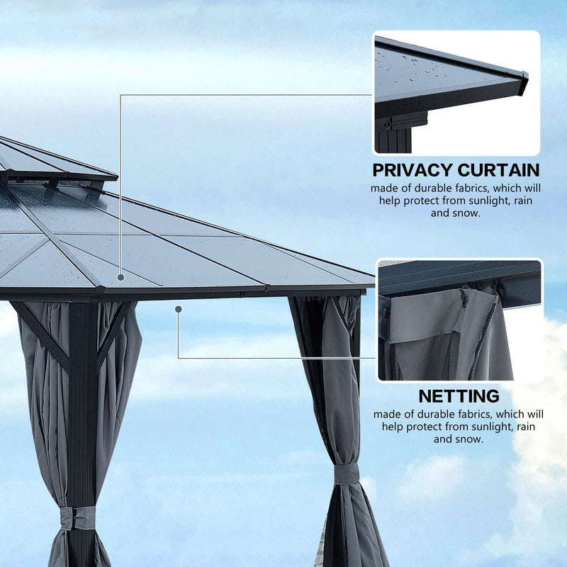 Hardtop Gazebo For Patios, Outdoor Framed Gazebo With Polycarbonate Double Roof Canopy, Solid Framed Gazebo With Privacy Curtains And Mosquito Nettings For Garden, Backyard