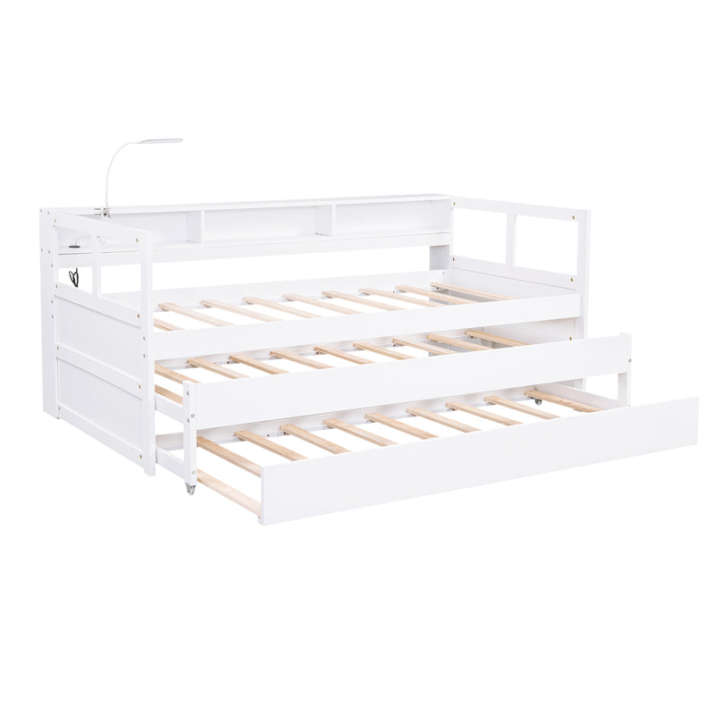 Twin XL Wood Daybed with 2 Trundles, 3 Storage Cubbies, 1 Light for Free and USB Charging Design, White