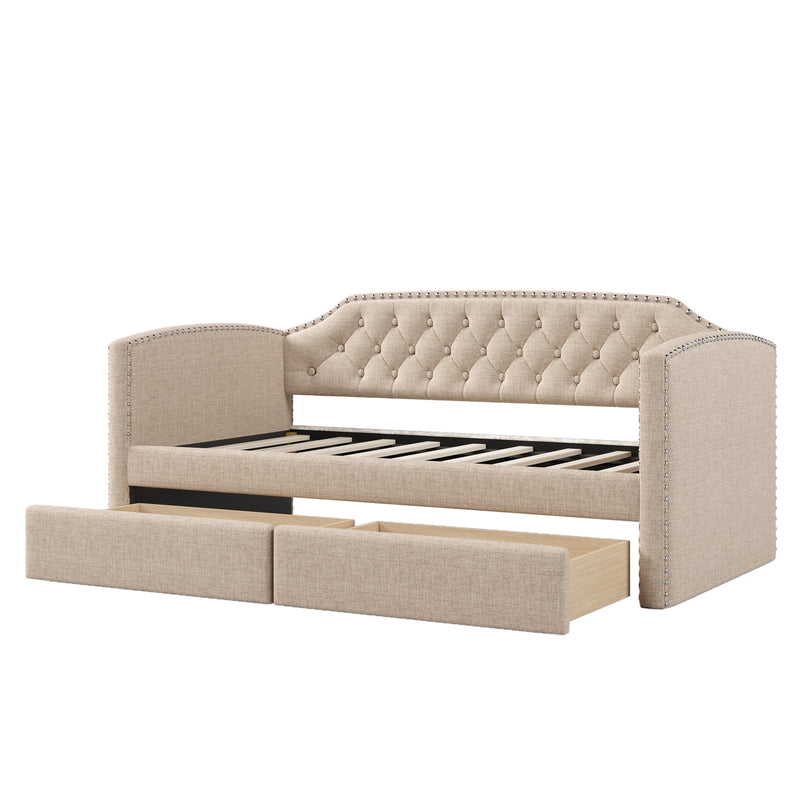 Twin Size Upholstered Daybed with Drawers for Guest Room, Small Bedroom, Study Room, Beige