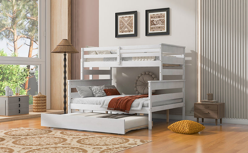 Wood Twin over Full Bunk Bed with Twin Size Trundle, White