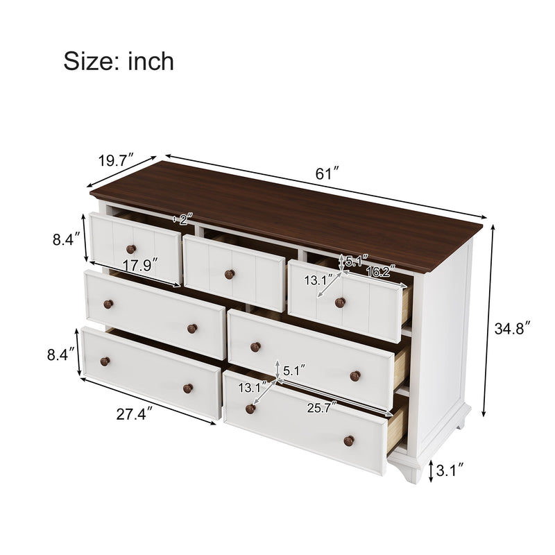 Wooden Captain Seven Drawer Dresser For Bedroom, Living Room, Kids' Room - White / Walnut