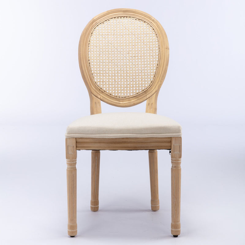 French Style Solid Wood Frame Antique Painting Linen Fabric Rattan Back Dining Chair (Set of 2)