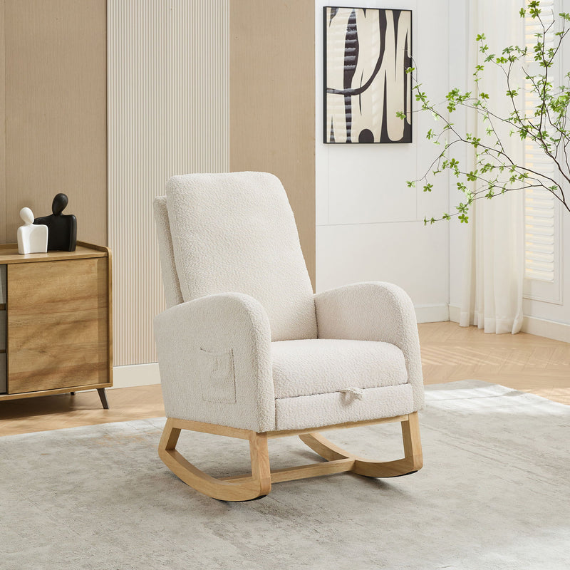 Rocking Chair For Nursery, High Back Glider Chair With Retractable Footrest, Side Pocket, Rocking Accent Armchair With Rubber Wood Legs For Living Room / Bedroom