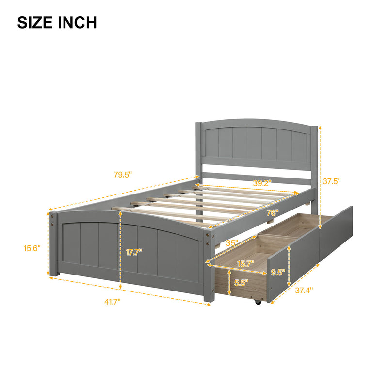 Twin Size Platform Bed & Two Drawers - Gray