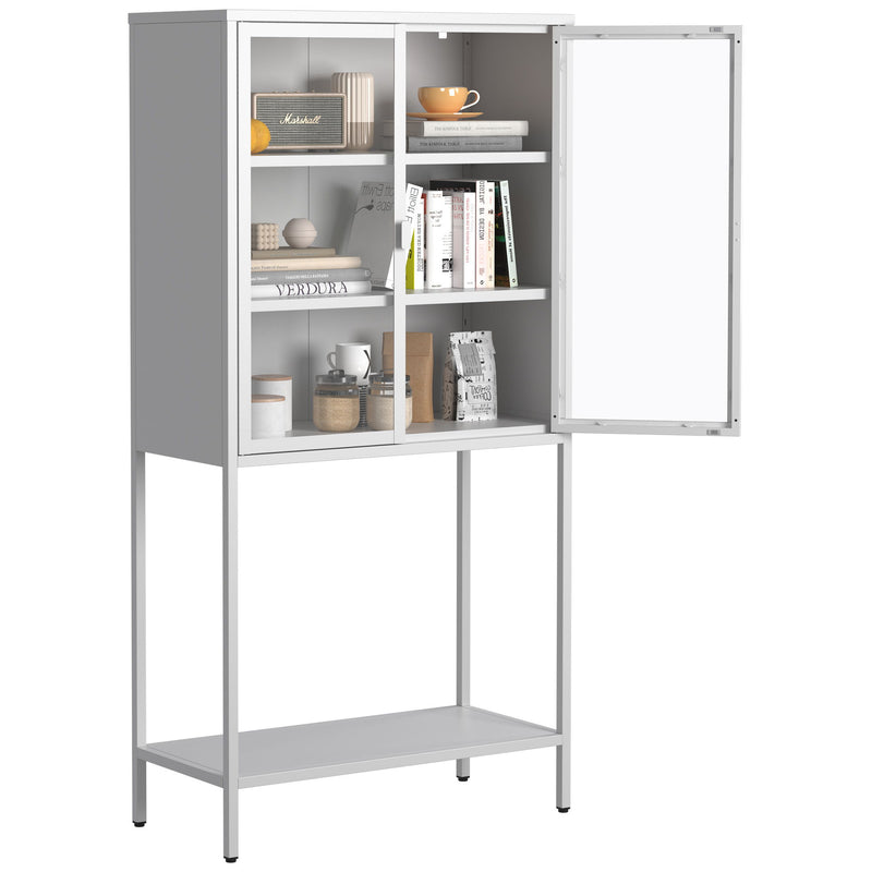 Heavy Duty Metal Storage Cabinet, Display Storage Cabinet With Glass Doors And 2 Adjustable Shelves, Tall Bookcase Modern Bookshelf Cabinet For Home Office, Living Room, Pantry - White