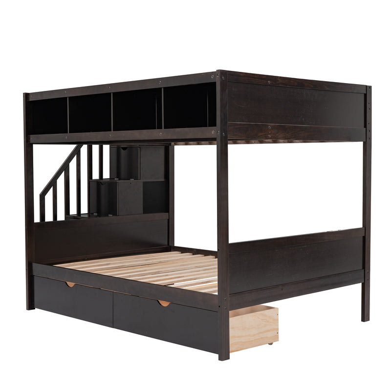 Twin over Full Bunk Bed with Shelfs, Storage Staircase and 2 Drawers, Espresso