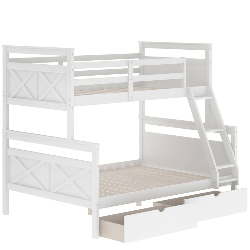 Twin Over Full Bunk Bed With Ladder, Two Storage Drawers, Safety Guardrail