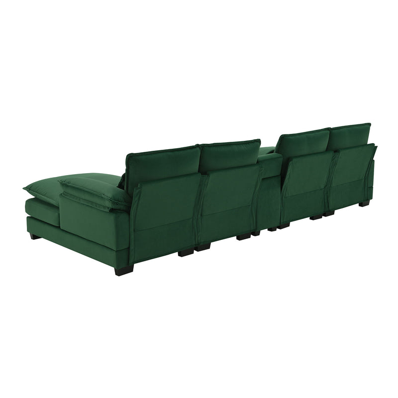 Modern U Shaped Sofa With Console, Cupholders And USB Ports, 6 Seat Upholstered Symmetrical Indoor Furniture, Sleeper Couch Set With Chaise For Living Room, Apartment, 5 Colors - Green