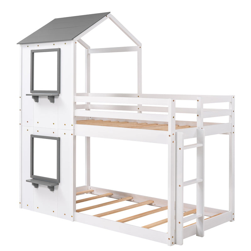 Twin Over Twin Bunk Bed Wood Bed with Roof, Window, Guardrail, Ladder (White)(OLD SKU :LP000056AAK)