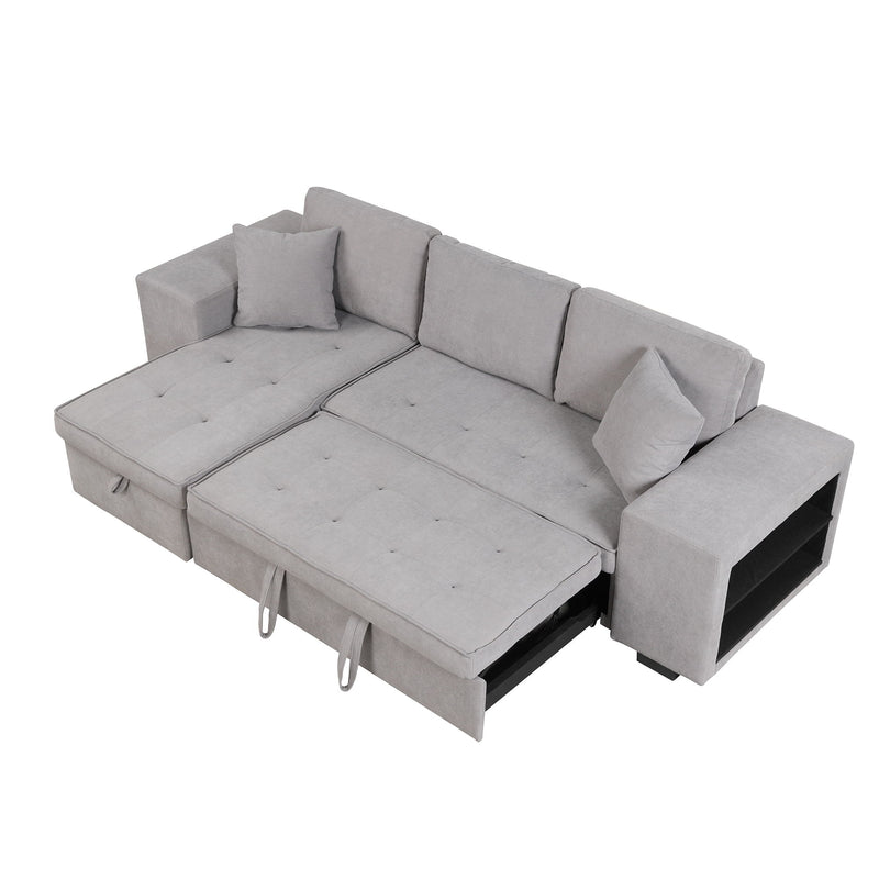 Pull Out Sleeper Sofa Reversible L-Shape 3 Seat Sectional Couch With Storage Chaise And 2 Stools For Living Room Furniture Set - Gray