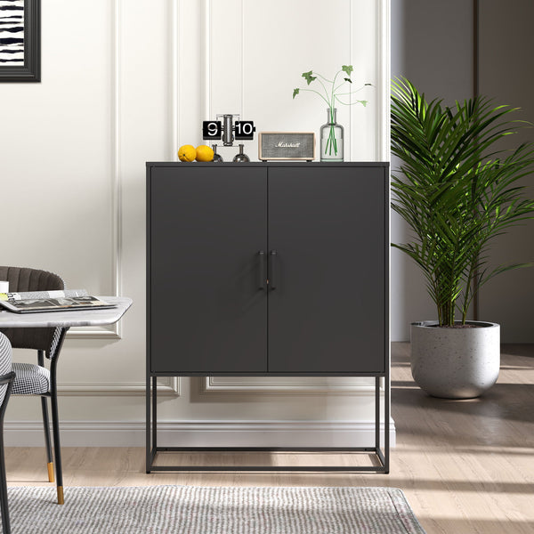 Heavy Duty Metal Buffet Sideboard Modern Steel Storage Cabinet With 2 Shelves, Free Standing Accent Cabinet With Magnetic Doors For Bedroom, Kitchen, And Home Office, Anti-Tip Design