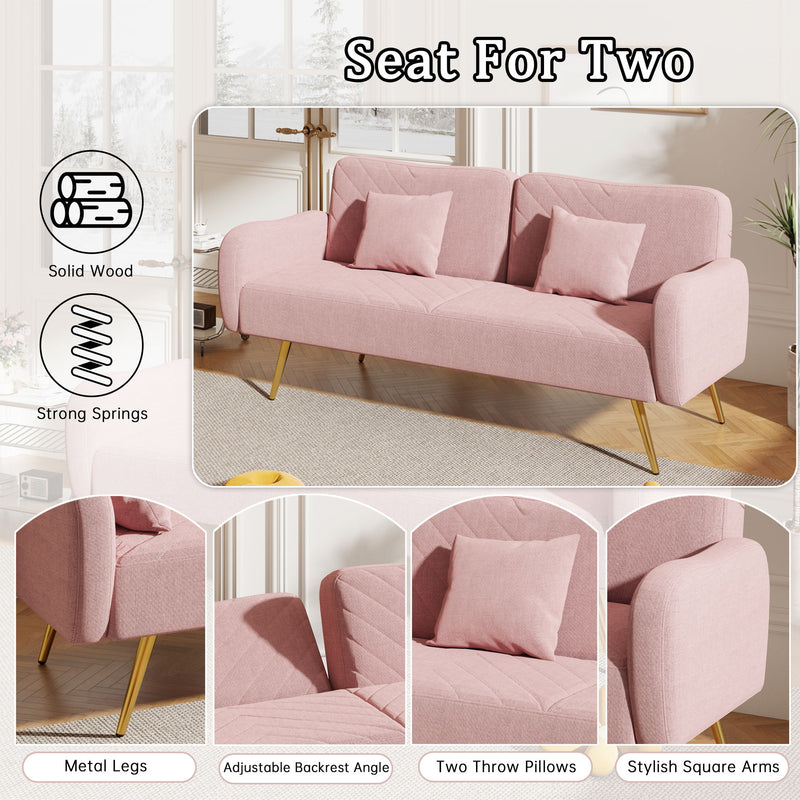 Double Sofa With Split Backrest And Two Throw Pillows, Suitable For Living Room, Apartment, Home Office - Pink