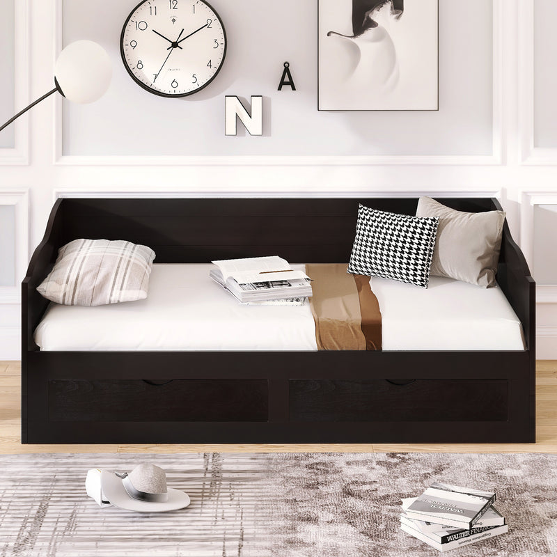 Wooden Daybed with Trundle Bed and Two Storage Drawers , Extendable Bed Daybed,Sofa Bed with Two Drawers, Espresso