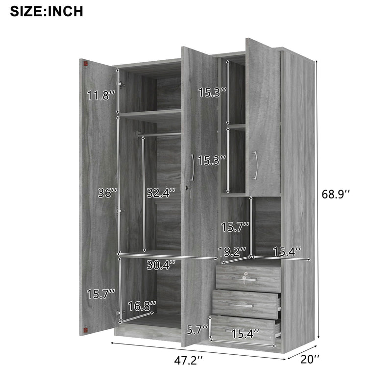 2 Doors Wooden Wardrobe Storage For Bedroom, With Shelves And 3 Drawers