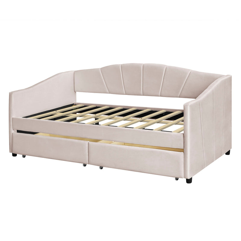 Twin Size Upholstered Daybed With Two Drawers And Wood Slat - Beige