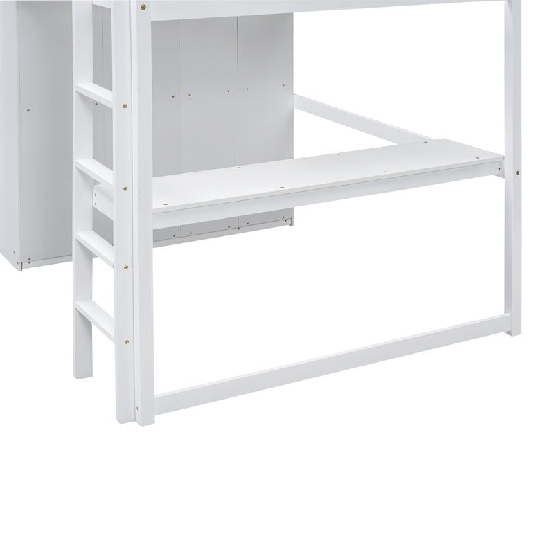 Wood Full Size Loft Bed with Built-in Wardrobe, Desk, Storage Shelves and Drawers, White