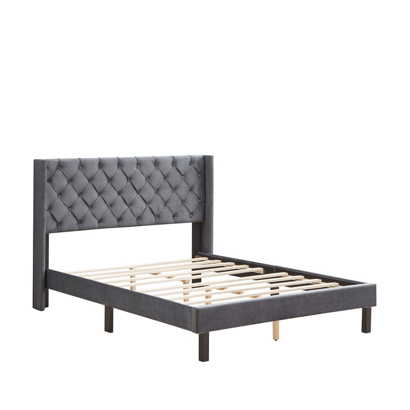 Velvet Button Tufted-Upholstered Bed with Wings Design - Strong Wood Slat Support - Easy Assembly - Gray, Queen, platform bed