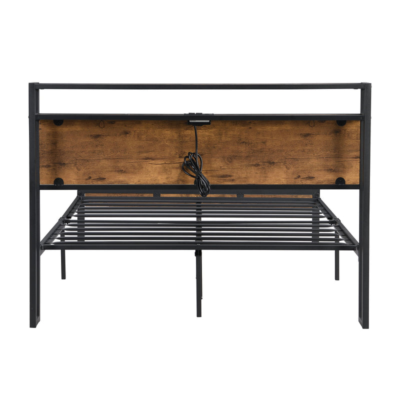 Full Size Metal Platform Bed Frame With Wooden Headboard And Footboard With USB Liner, No Box Spring Needed, Large Under Bed Storage - Brown