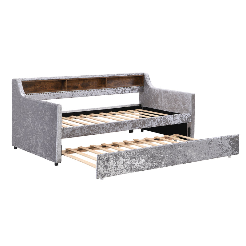 Twin Size Snowflake Velvet Daybed with Trundle and Built-in Storage Shelves,Gray