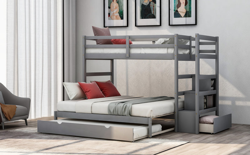 Twin over Twin/King (Irregular King Size) Bunk Bed with Twin Size Trundle, Extendable Bunk Bed   (Gray)(OLD SKU :LP000032AAE)