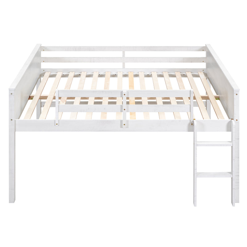 Wood Full Size Loft Bed with Hanging Clothes Racks, White