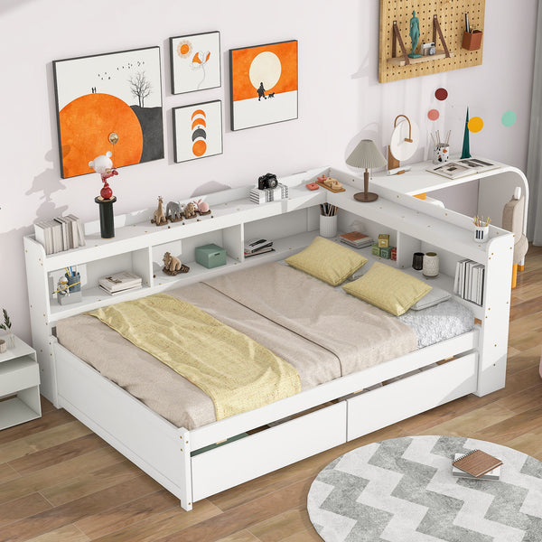 Full Bed With L-Shaped Bookcases, Drawers - White