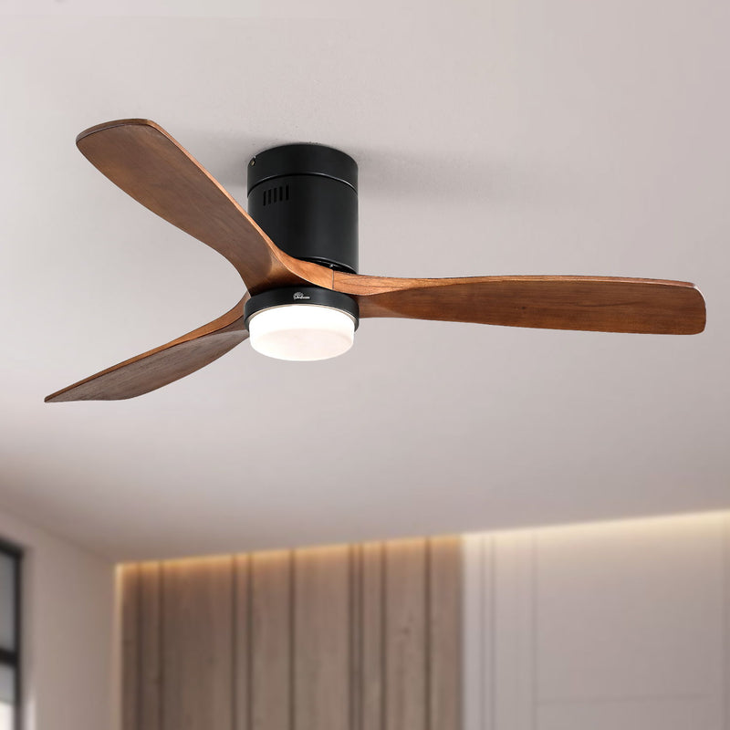 Wooden Ceiling Fan, With 18W LED Light 3 Solid Wood Blades, Remote Control Reversible Dc Motor With Etl Ceiling Fan For Home - Dark Brown / Black