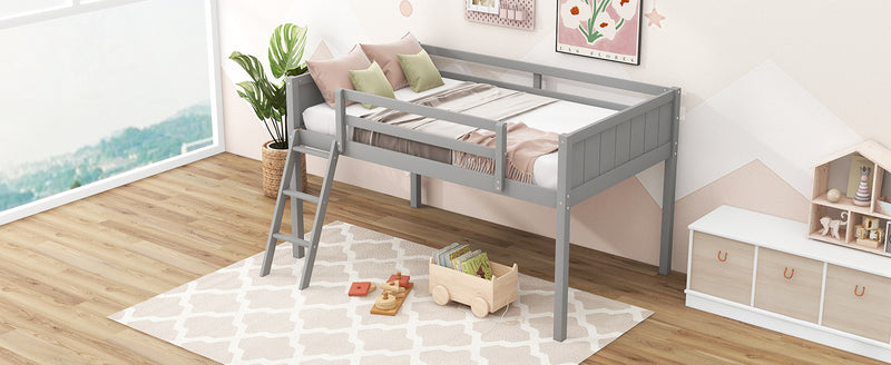 Twin Size Wood Loft Bed with Ladder, ladder can be placed on the left or right, Gray