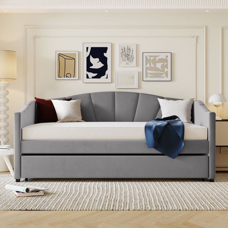 Twin Size Upholstered Daybed Sofa Bed With Trundle Bed And Wood Slat - Gray