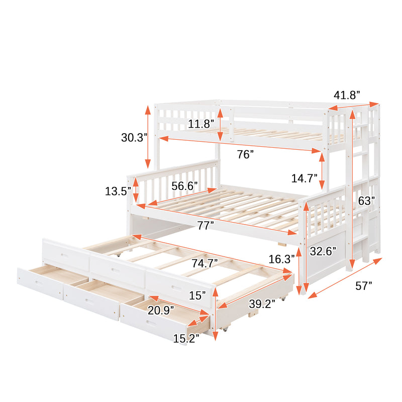 Twin-Over-Full Bunk Bed with Twin size Trundle , Separable Bunk Bed with Drawers for Bedroom - White